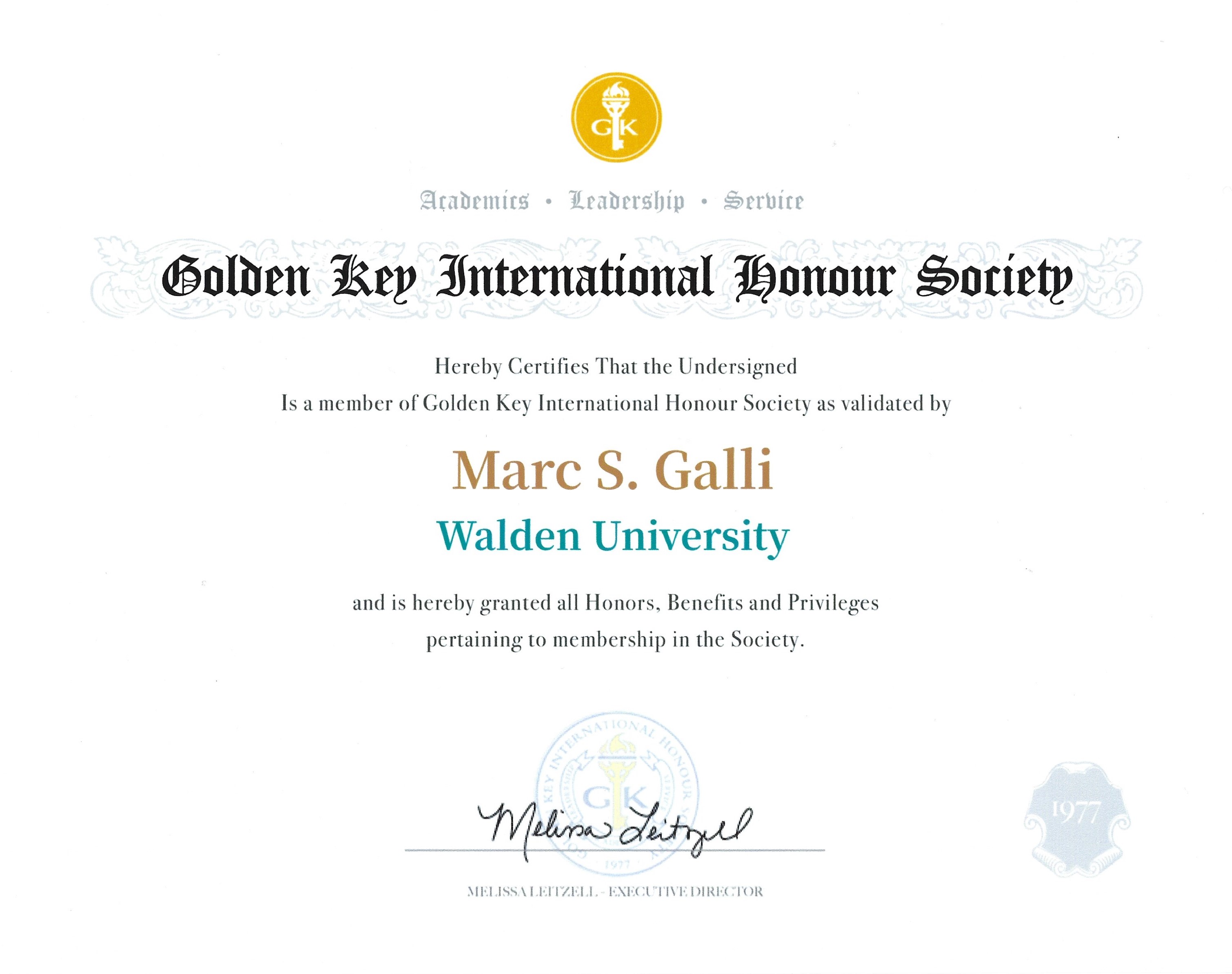 Marc Galli, Certificated by Golden Key Honor Society